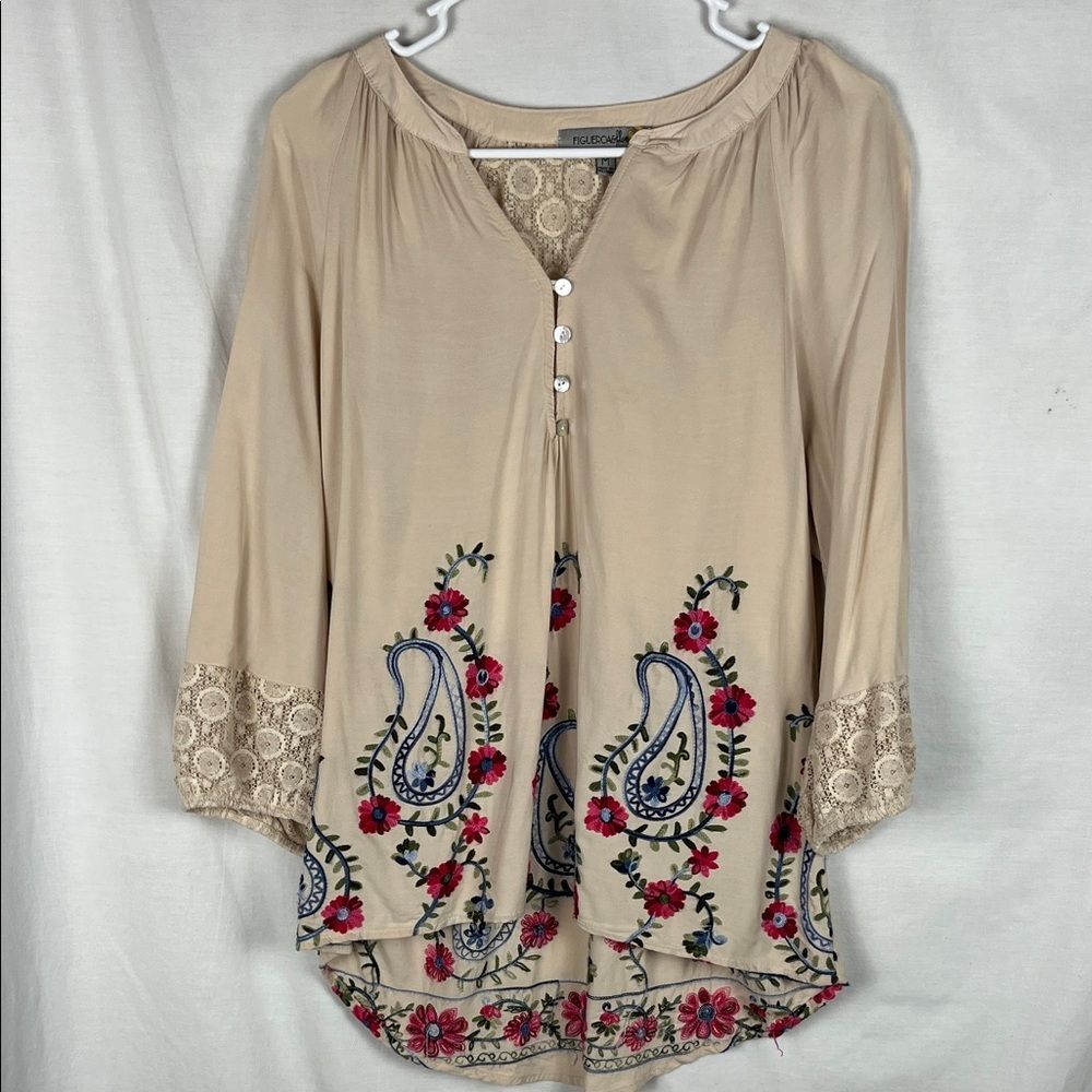 Lightweight Tan Floral Embroidered Figueroa & Flower Blouse